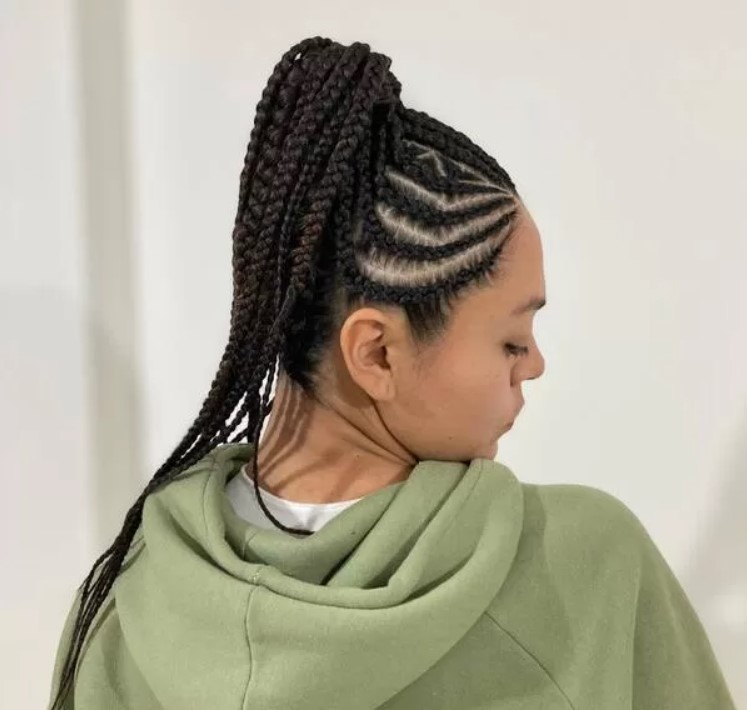 Scattered Cornrow Ponytail with Curly Ends
