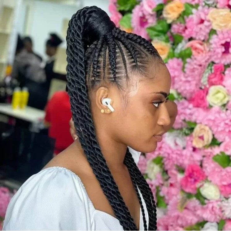 Twisted Cornrow Ponytail with Gold Beads