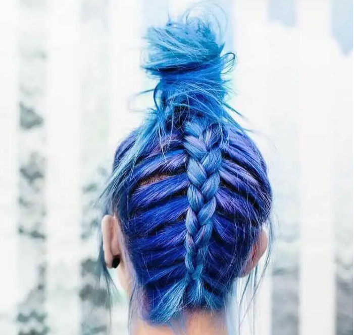 Upside down braid blue hair dye