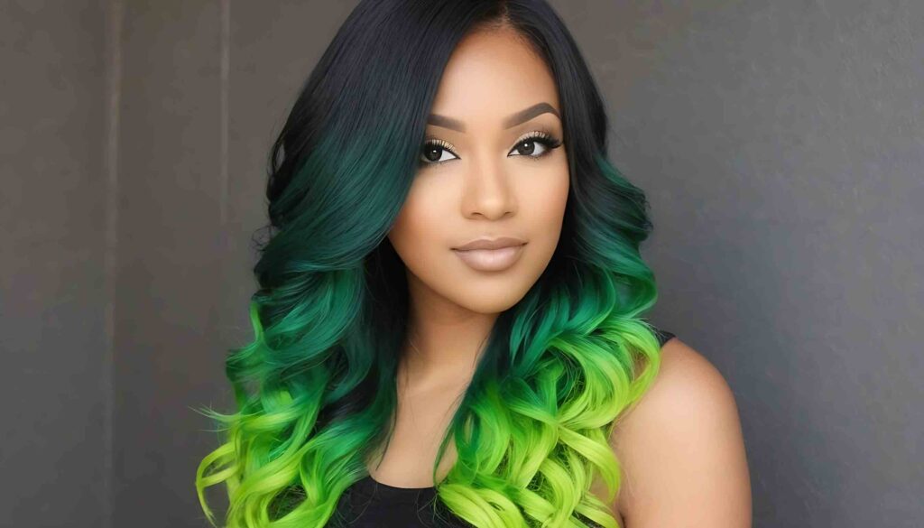 lime green and black ombre hair